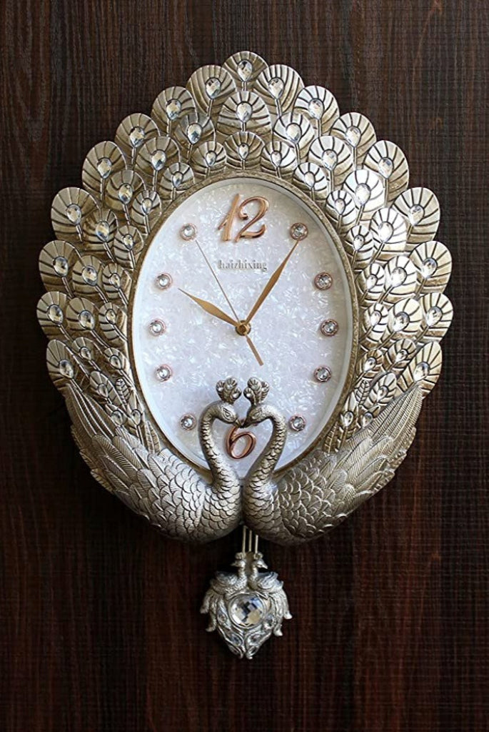 Funkytradition Pearl Silver Grey Peacock Pendulum Wall Clock Watch Decor For Home Office And Gifts