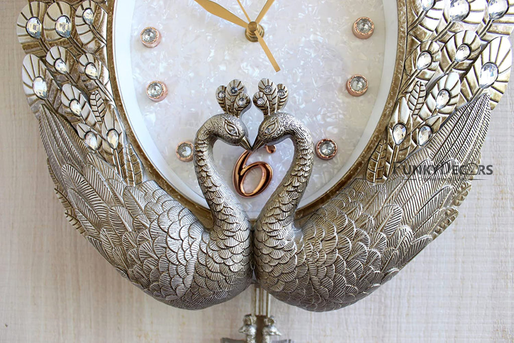 Funkytradition Pearl Silver Grey Peacock Pendulum Wall Clock Watch Decor For Home Office And Gifts