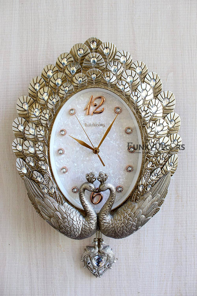 Funkytradition Pearl Silver Grey Peacock Pendulum Wall Clock Watch Decor For Home Office And Gifts