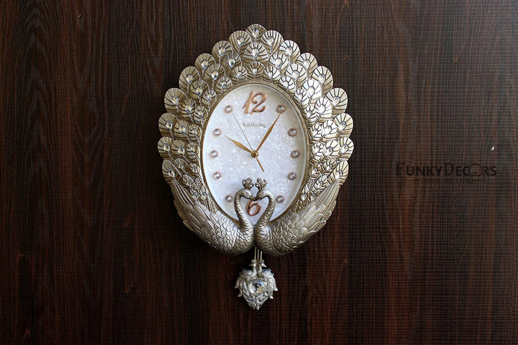 Funkytradition Pearl Silver Grey Peacock Pendulum Wall Clock Watch Decor For Home Office And Gifts