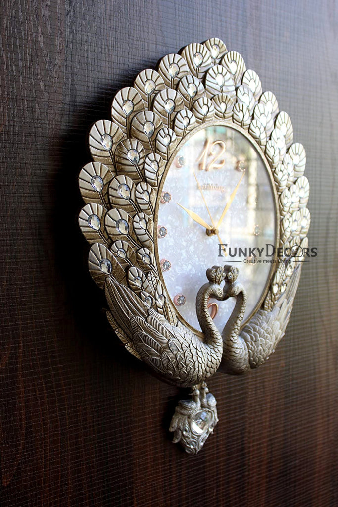 Funkytradition Pearl Silver Grey Peacock Pendulum Wall Clock Watch Decor For Home Office And Gifts