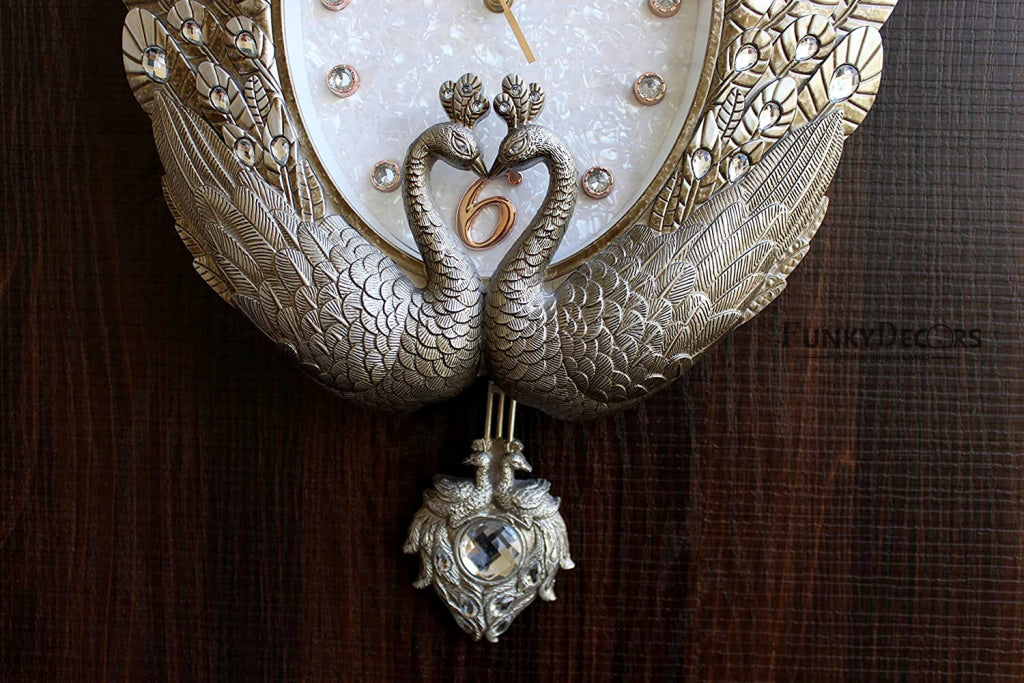 Funkytradition Pearl Silver Grey Peacock Pendulum Wall Clock Watch Decor For Home Office And Gifts