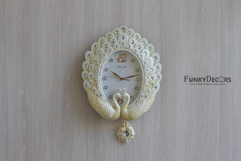FunkyTradition Pearl White Peacock Pendulum Wall Clock , Wall Watch , Wall Decor for Home Office Decor and Gifts 55 CM Tall