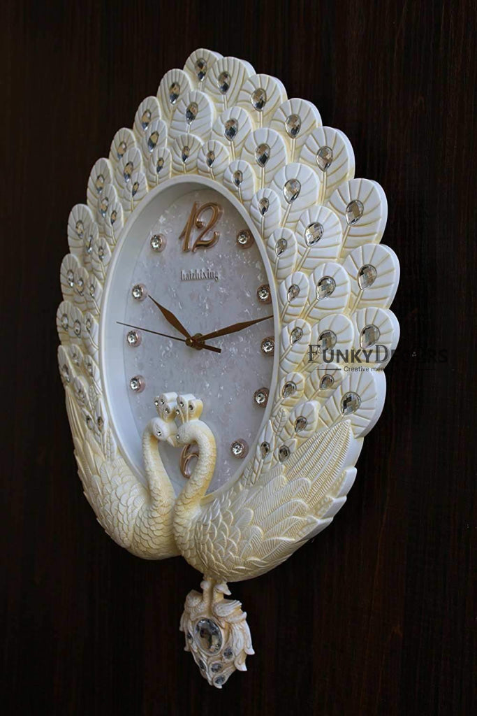 FunkyTradition Pearl White Peacock Pendulum Wall Clock , Wall Watch , Wall Decor for Home Office Decor and Gifts 55 CM Tall
