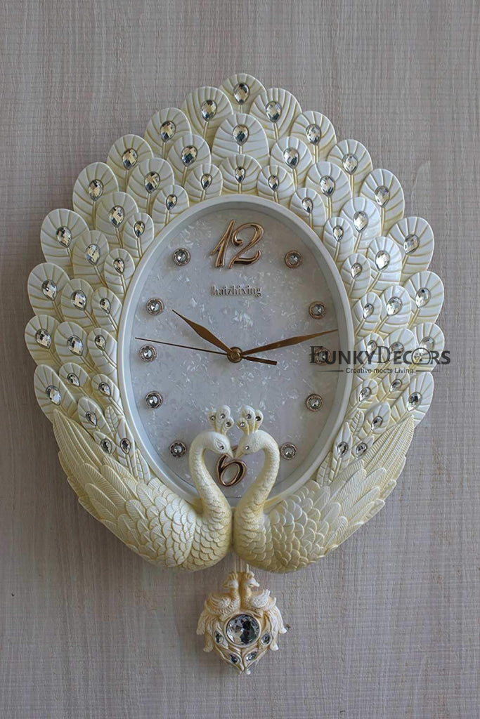 FunkyTradition Pearl White Peacock Pendulum Wall Clock , Wall Watch , Wall Decor for Home Office Decor and Gifts 55 CM Tall