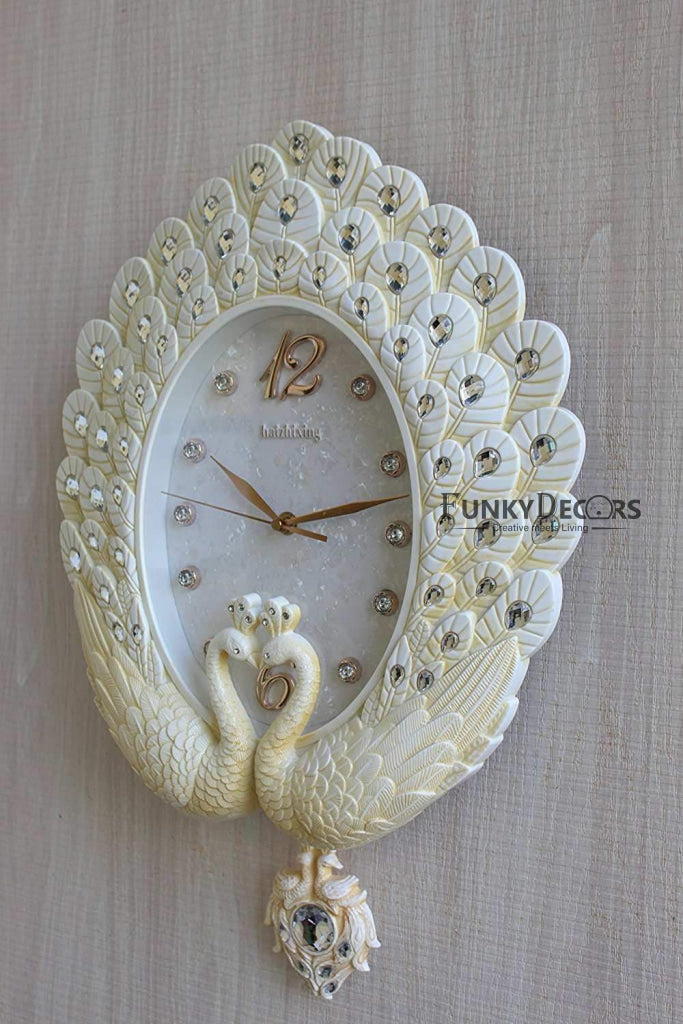 FunkyTradition Pearl White Peacock Pendulum Wall Clock , Wall Watch , Wall Decor for Home Office Decor and Gifts 55 CM Tall