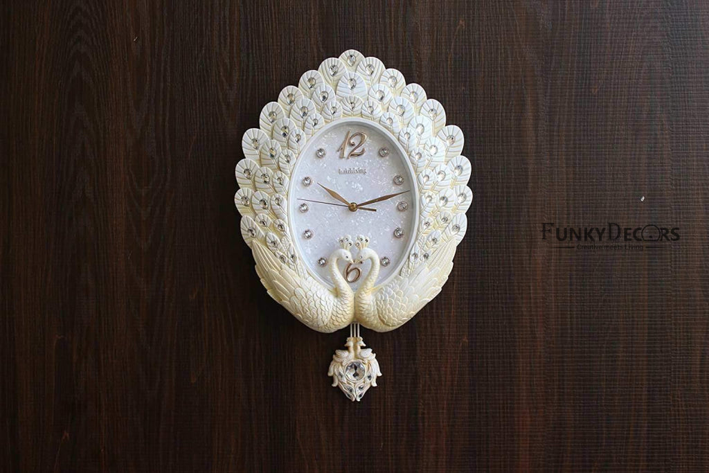 FunkyTradition Pearl White Peacock Pendulum Wall Clock , Wall Watch , Wall Decor for Home Office Decor and Gifts 55 CM Tall