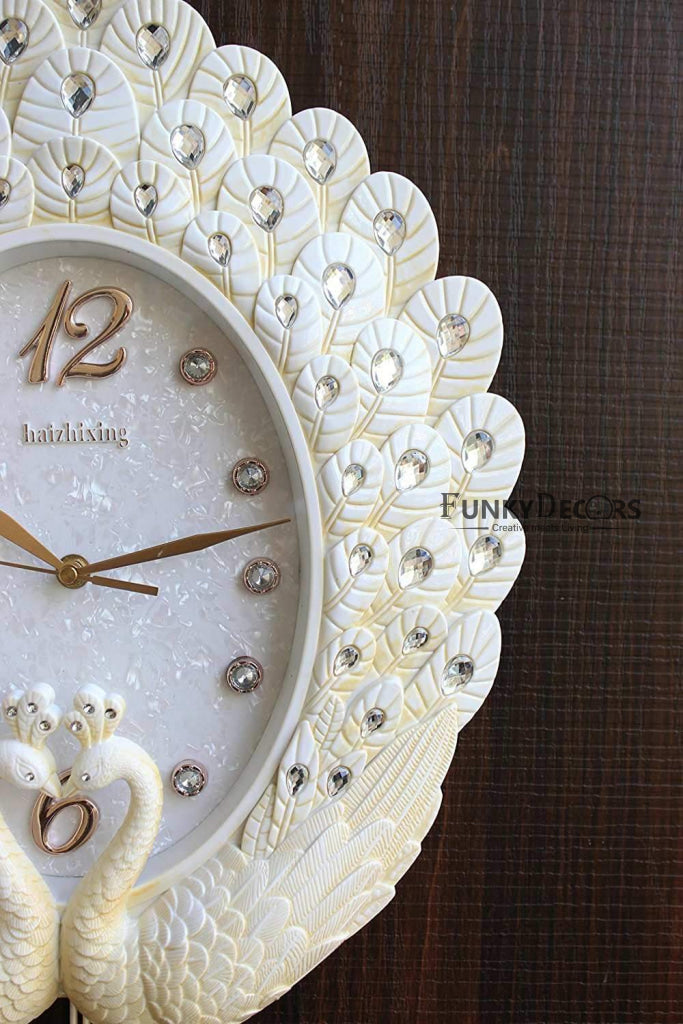 FunkyTradition Pearl White Peacock Pendulum Wall Clock , Wall Watch , Wall Decor for Home Office Decor and Gifts 55 CM Tall