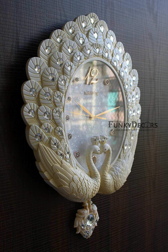 FunkyTradition Pearl White Peacock Pendulum Wall Clock , Wall Watch , Wall Decor for Home Office Decor and Gifts 55 CM Tall