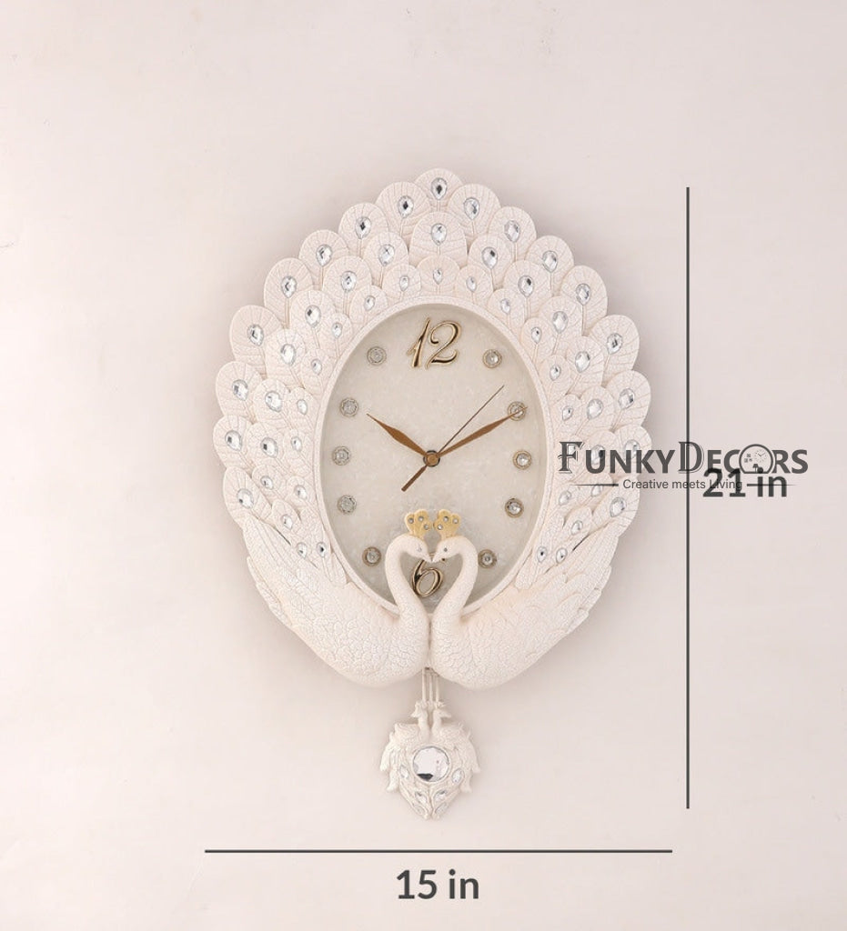 Funkytradition Pearl White Peacock Pendulum Wall Clock Watch Decor For Home Office And Gifts 55 Cm