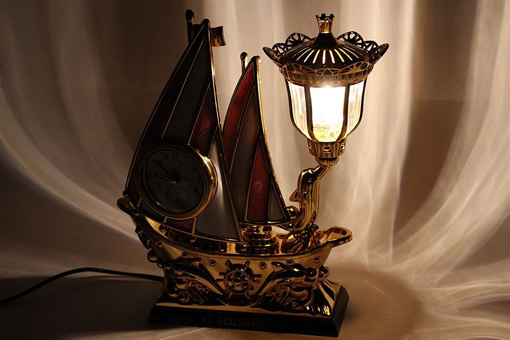 FunkyTradition Pink Golden Flag Vintage Pirates Ship Table Lamp with Alarm Clock for Christmas, Anniversary, Birthday Gift, Home and Office Decor - FunkyTradition