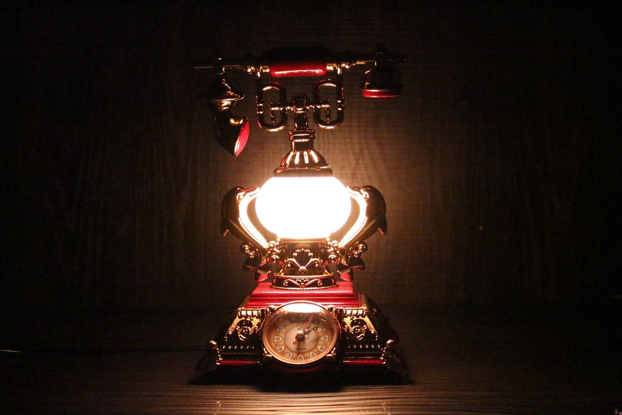 FunkyTradition Red Golden Vintage Style Telephone Table Lamp with Alarm Clock for Christmas, Anniversary, Birthday Gift, Home and Office Decor - FunkyTradition