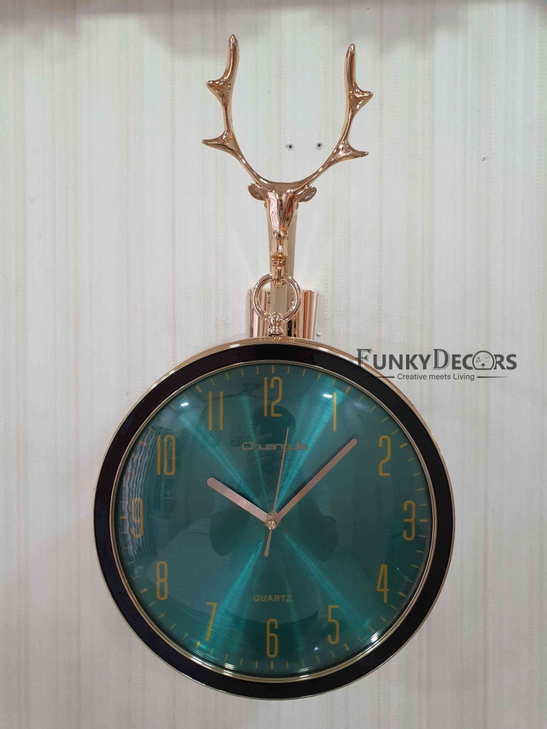 Funkytradition Reindeer Designer Antique-Look Golden Green Round Wall Hanging Double Sided 2 Faces