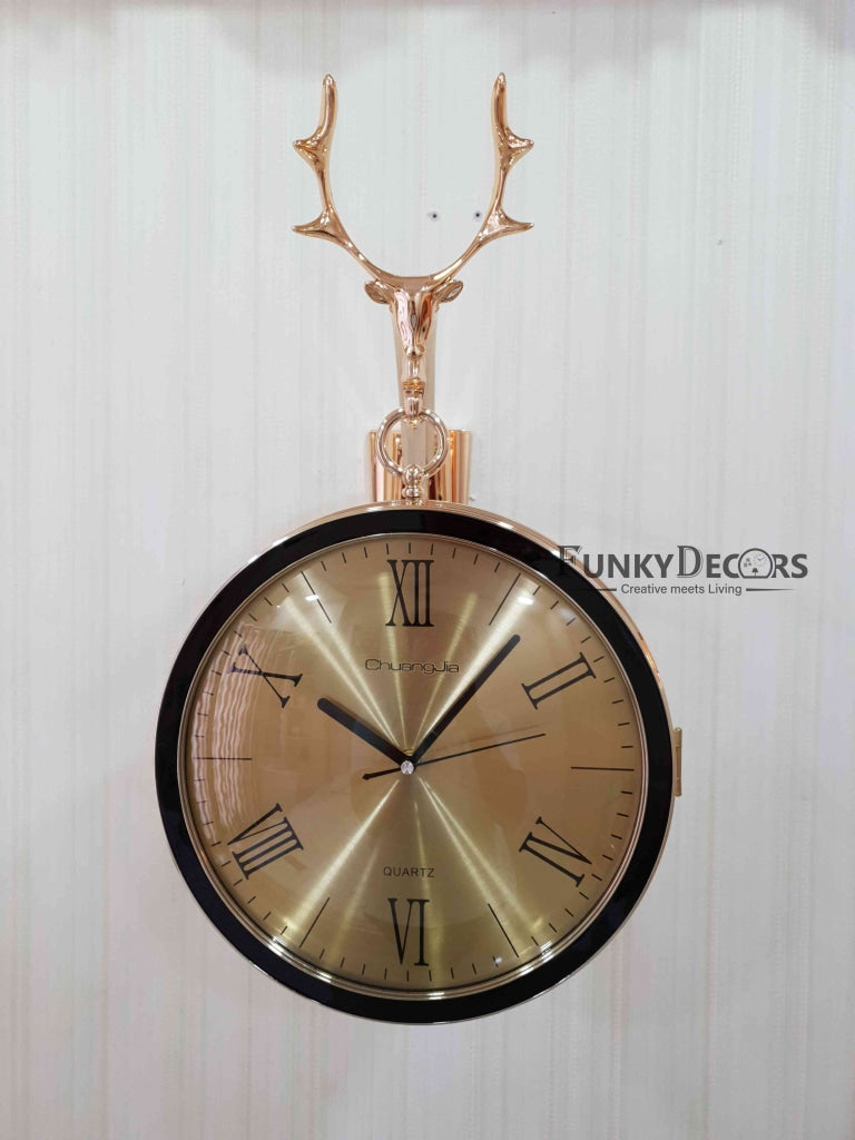 Funkytradition Reindeer Designer Antique-Look Golden Round Wall Hanging Double Sided 2 Faces Retro