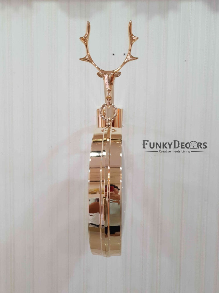 Funkytradition Reindeer Designer Antique-Look Golden Round Wall Hanging Double Sided 2 Faces Retro