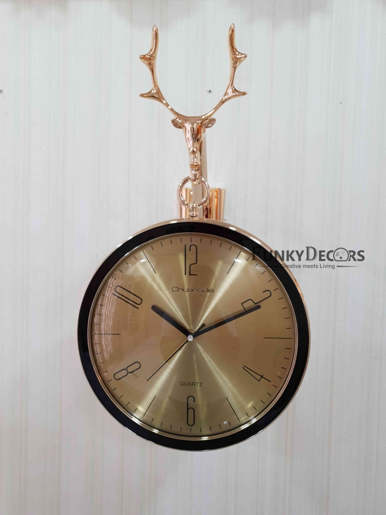 Funkytradition Reindeer Designer Antique-Look Golden Round Wall Hanging Double Sided 2 Faces Retro