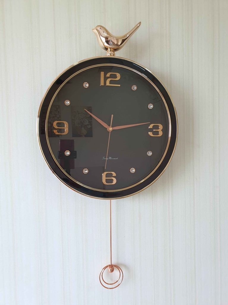 Funkytradition Rose Gold Multicolor Sparrow Pendulum Wall Clock Decor For Home Office And Gifts 70