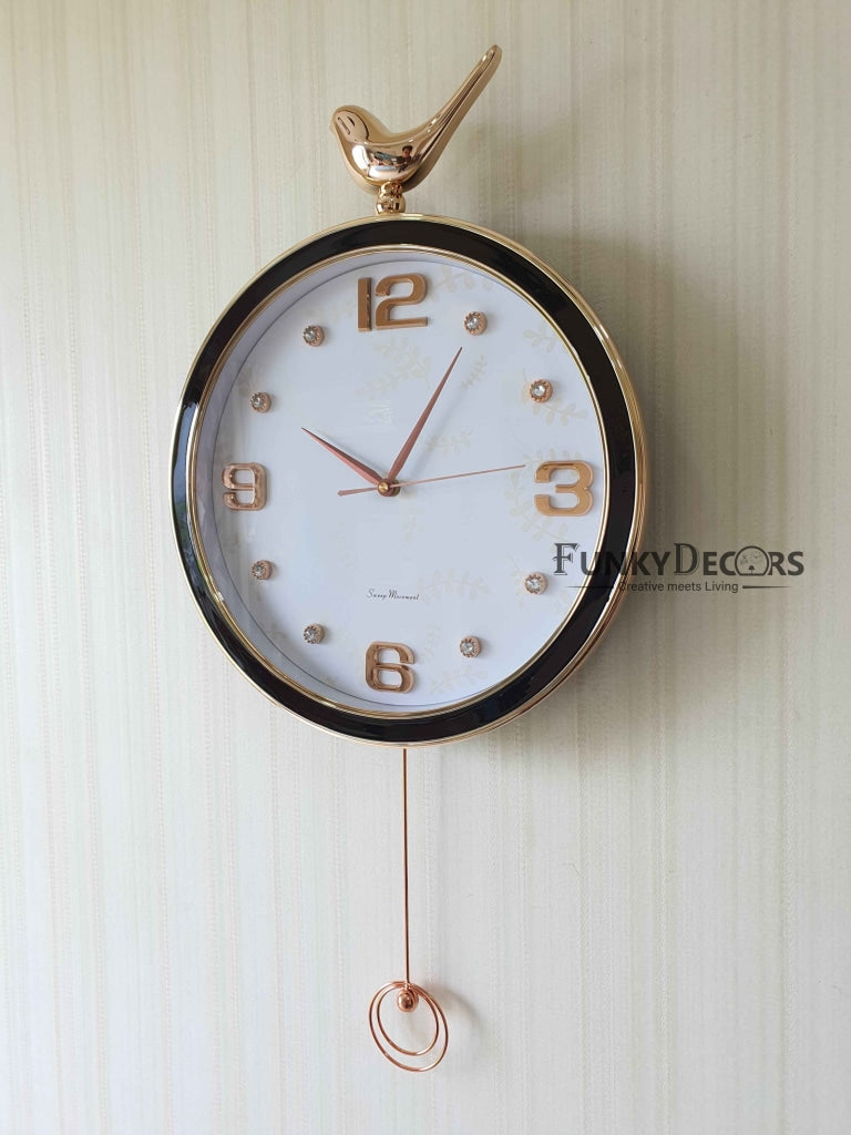 Funkytradition Rose Gold Multicolor Sparrow Pendulum Wall Clock Decor For Home Office And Gifts 70