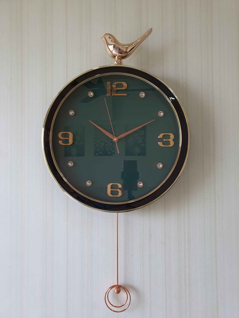 Funkytradition Rose Gold Multicolor Sparrow Pendulum Wall Clock Decor For Home Office And Gifts 70