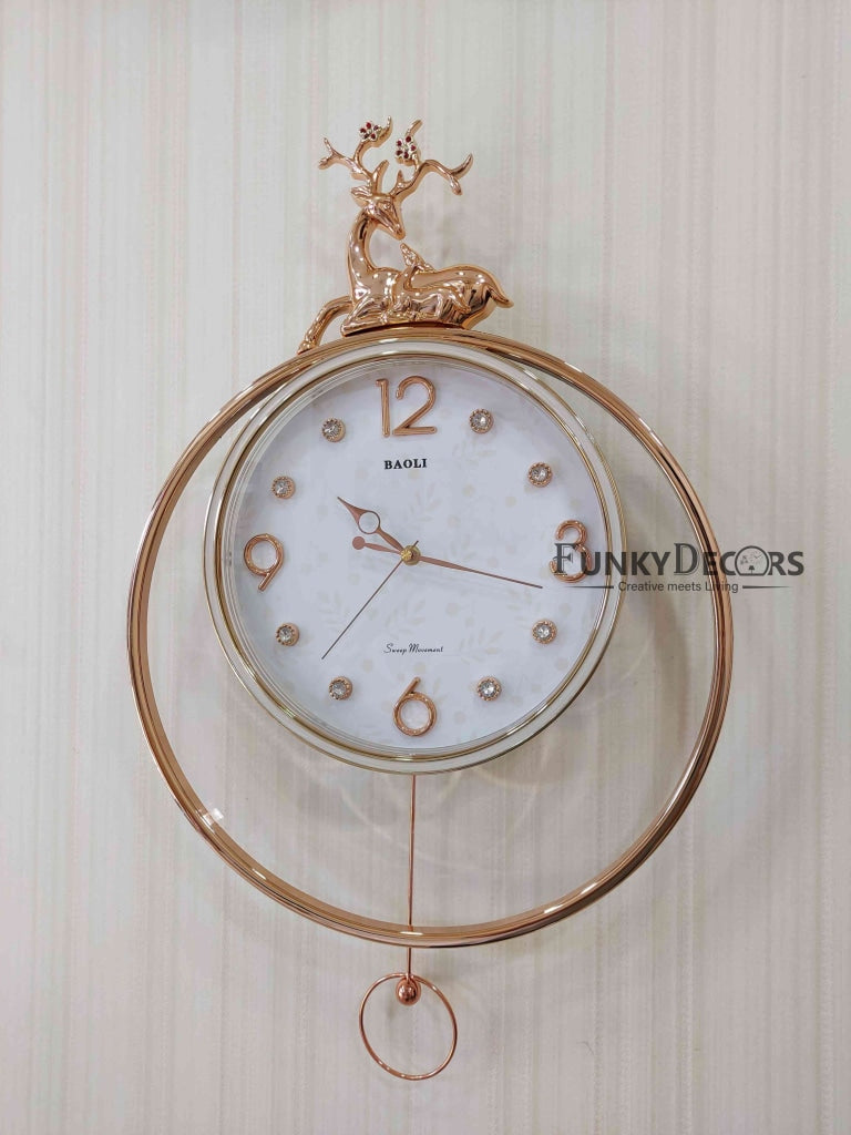 Funkytradition Rose Gold White Reindeer Pendulum Wall Clock Decor For Home Office And Gifts 65 Cm