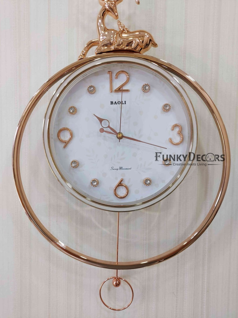 Funkytradition Rose Gold White Reindeer Pendulum Wall Clock Decor For Home Office And Gifts 65 Cm