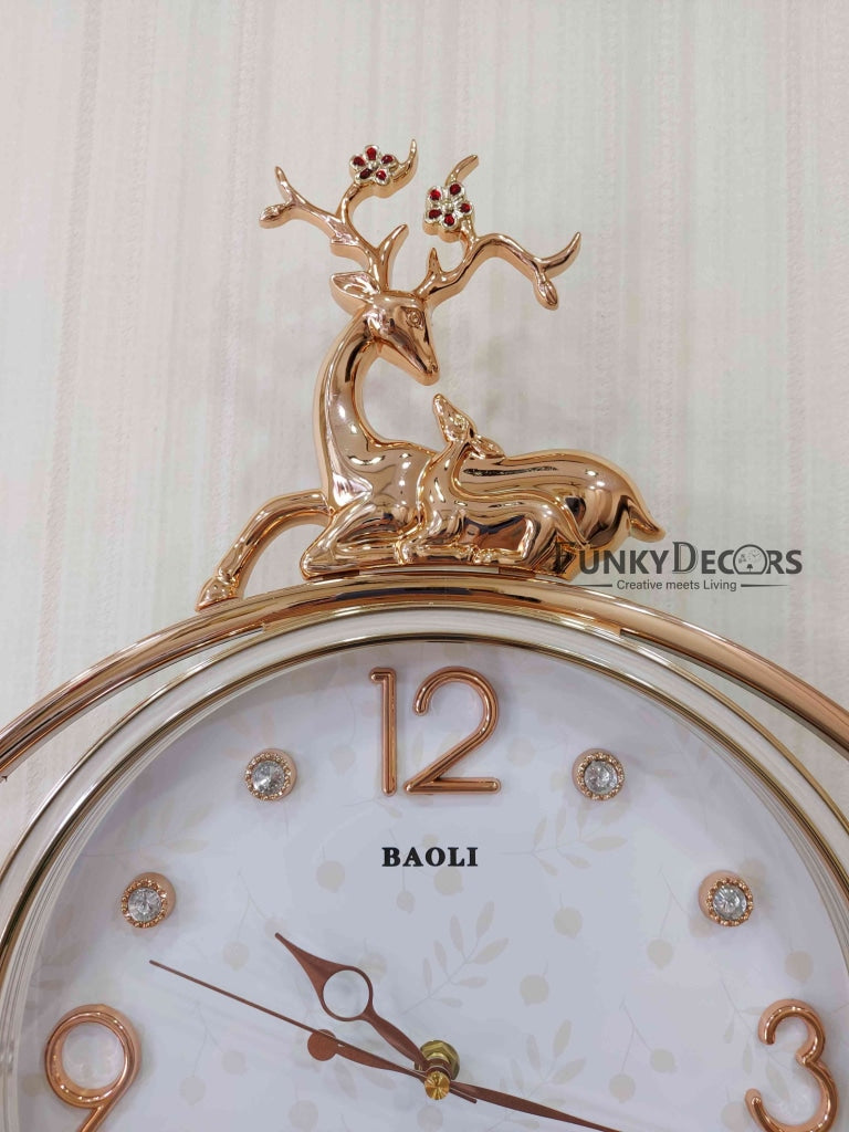 Funkytradition Rose Gold White Reindeer Pendulum Wall Clock Decor For Home Office And Gifts 65 Cm
