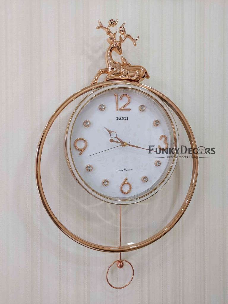 Funkytradition Rose Gold White Reindeer Pendulum Wall Clock Decor For Home Office And Gifts 65 Cm