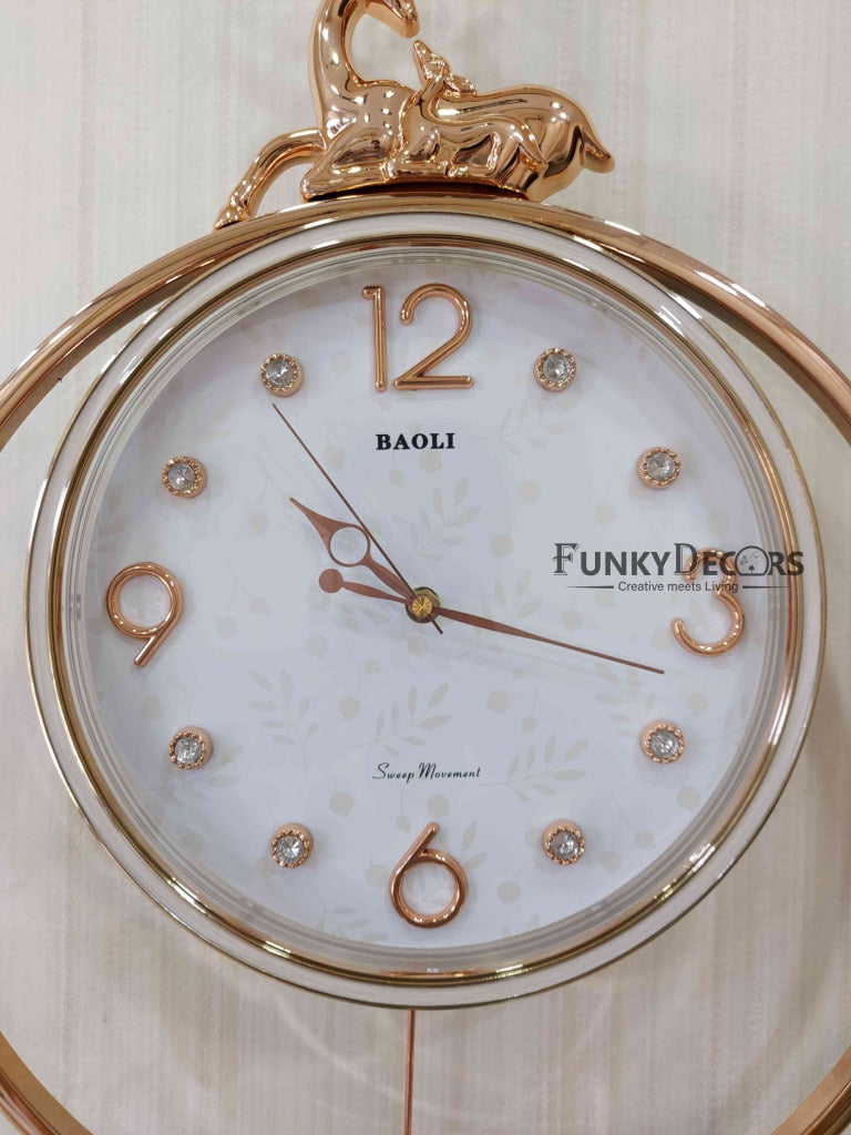 Funkytradition Rose Gold White Reindeer Pendulum Wall Clock Decor For Home Office And Gifts 65 Cm