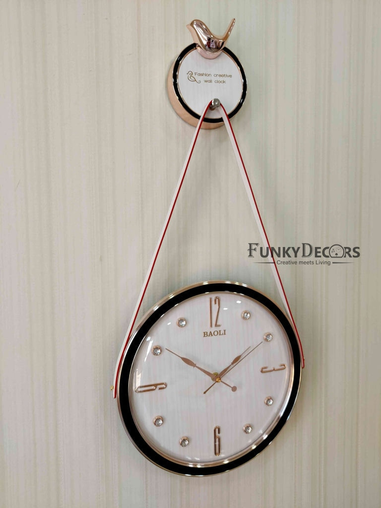 Funkytradition Rose Gold White Sparrow Hanging Wall Clock Decor For Home Office And Gifts 70 Cm Tall