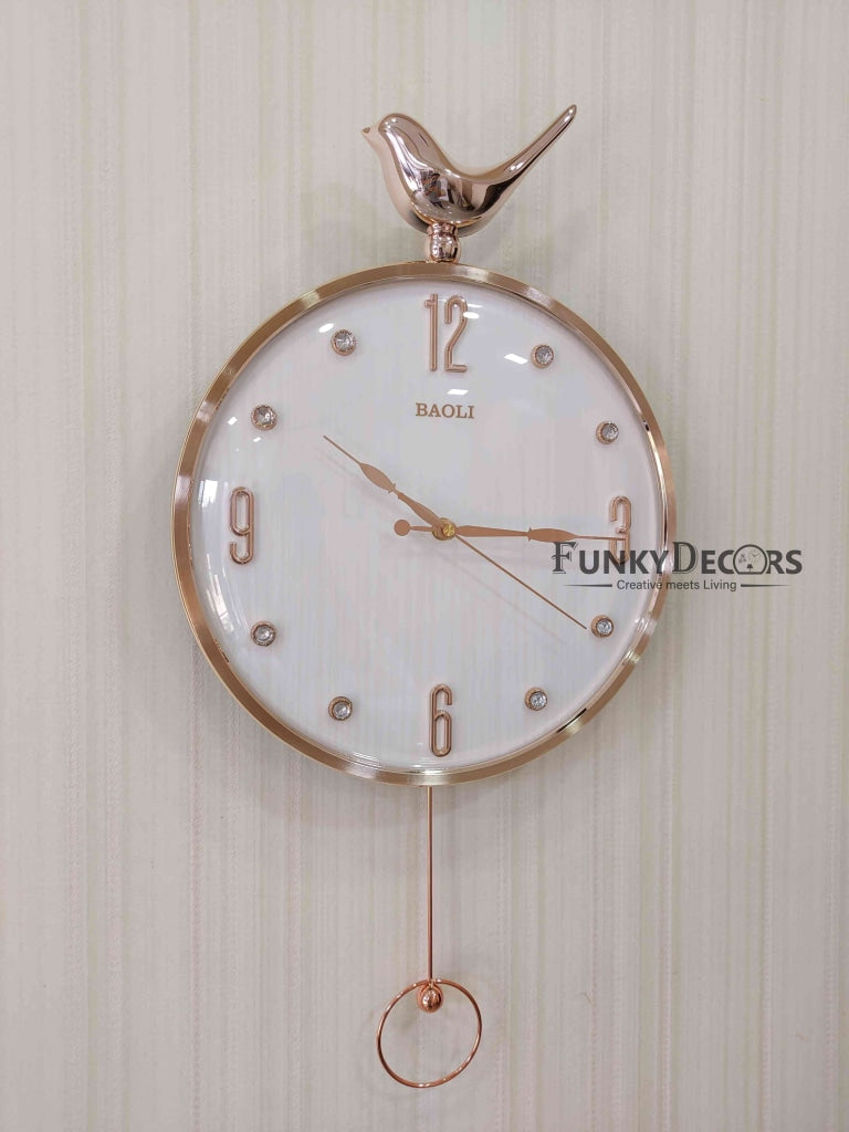 Funkytradition Rose Gold White Sparrow Pendulum Wall Clock Decor For Home Office And Gifts 60 Cm