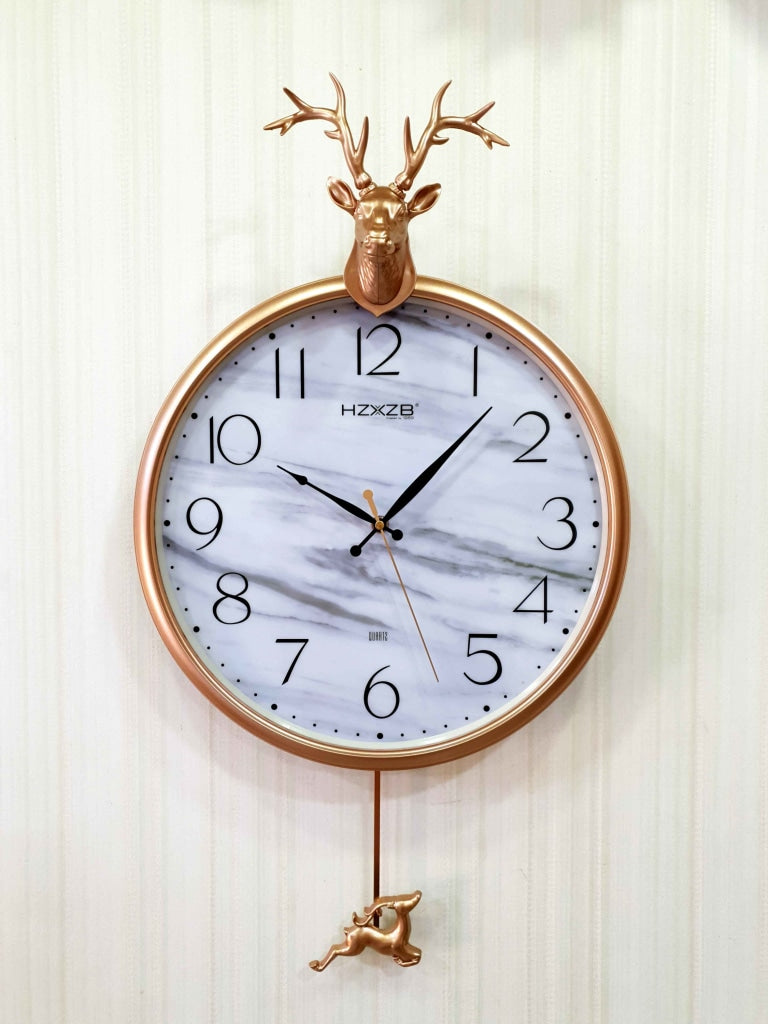 Funkytradition Rose Golden Reindeer Pendulum Wall Clock For Home Office Decor And Gifts 68 Cm Tall