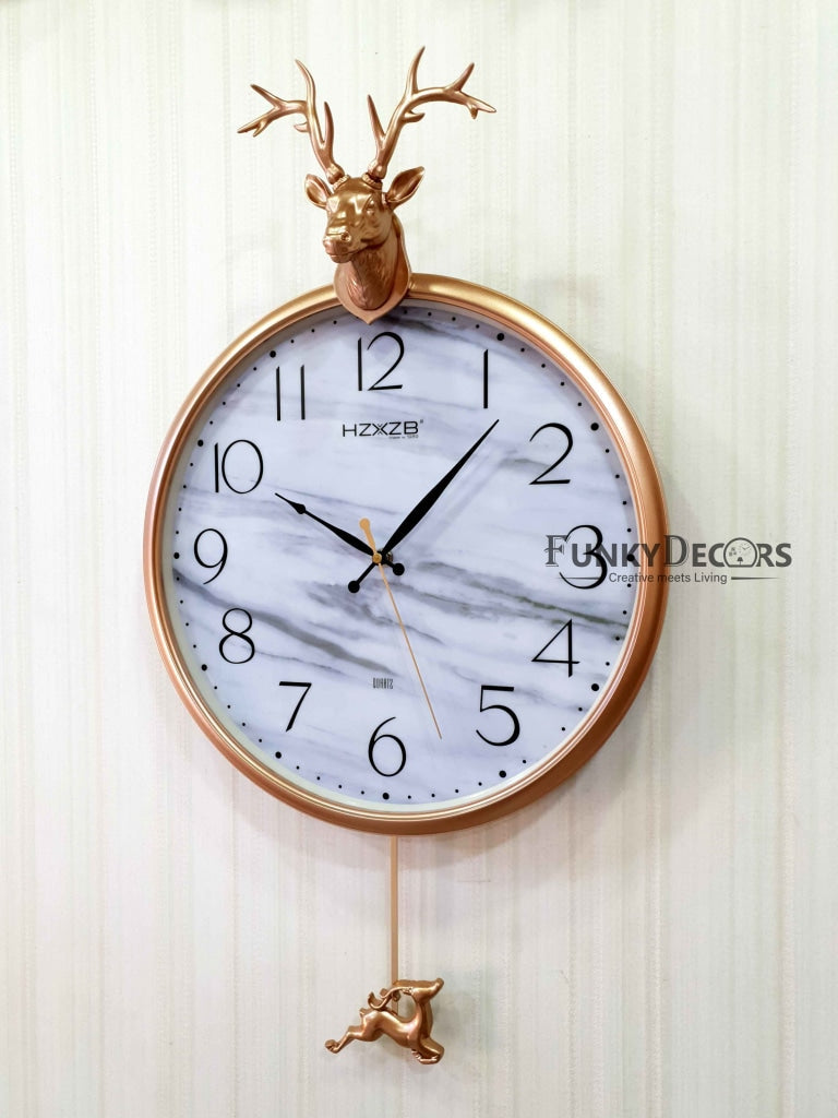 Funkytradition Rose Golden Reindeer Pendulum Wall Clock For Home Office Decor And Gifts 68 Cm Tall
