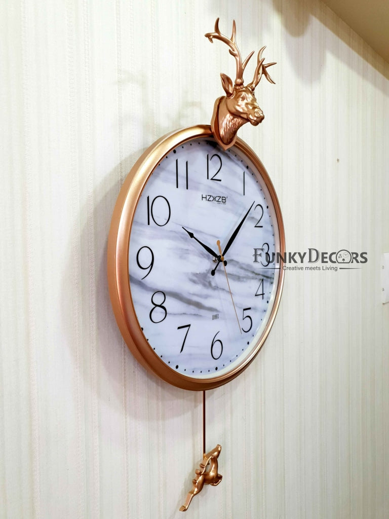 Funkytradition Rose Golden Reindeer Pendulum Wall Clock For Home Office Decor And Gifts 68 Cm Tall