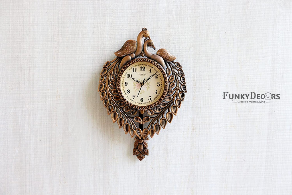 Funkytradition Royal Brown Beautiful Peacock Pendulum Wall Clock Watch Decor For Home Office And