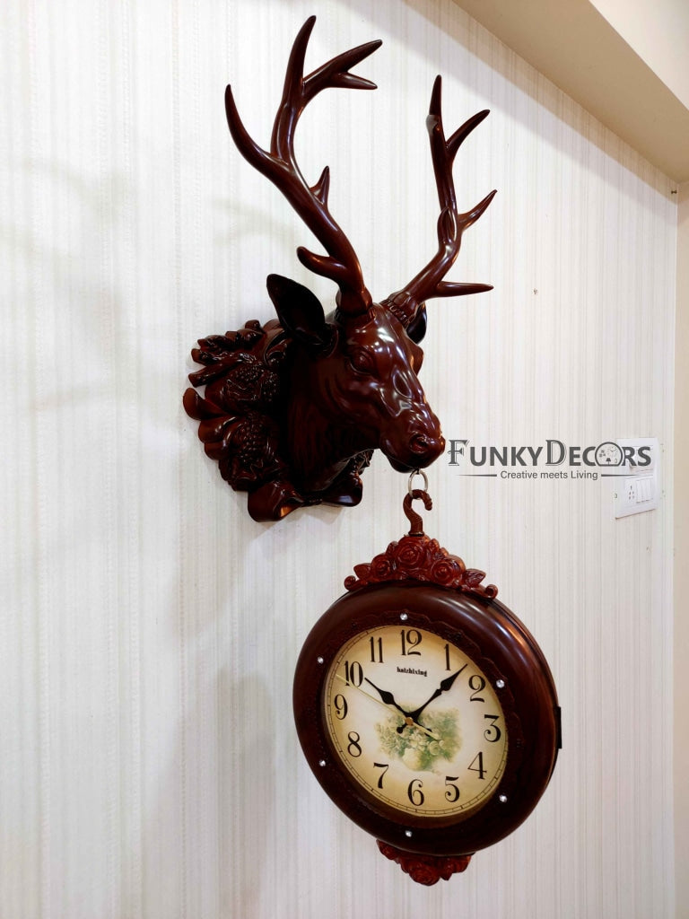 Funkytradition Royal Brown Dual Hanging Reindeer Wall Clock For Home Office Decor And Gifts 75 Cm