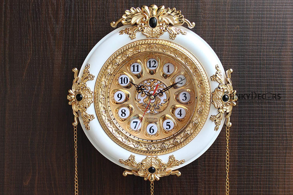 Funkytradition Royal Designer Gold Plated White Premium String Hanging Wall Clock For Home Office
