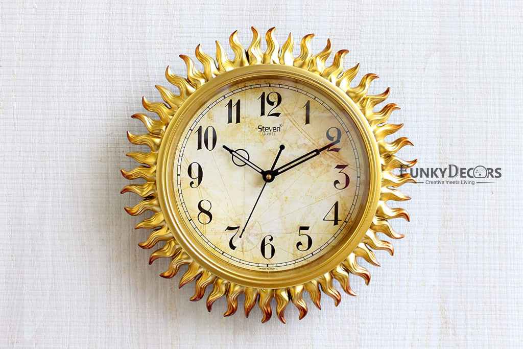 Funkytradition Royal Designer Golden Sun Shaped Wall Clock Watch Decor For Home Office And Gifts 31