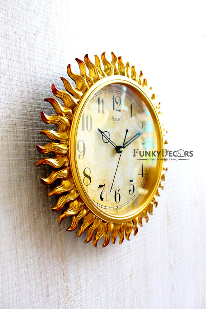Funkytradition Royal Designer Golden Sun Shaped Wall Clock Watch Decor For Home Office And Gifts 31
