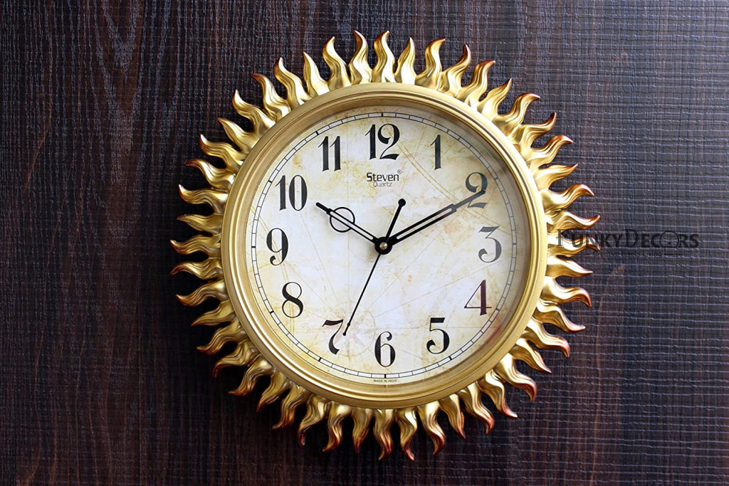 Funkytradition Royal Designer Golden Sun Shaped Wall Clock Watch Decor For Home Office And Gifts 31