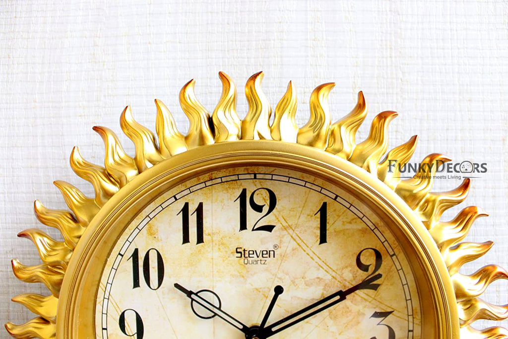 Funkytradition Royal Designer Golden Sun Shaped Wall Clock Watch Decor For Home Office And Gifts 31