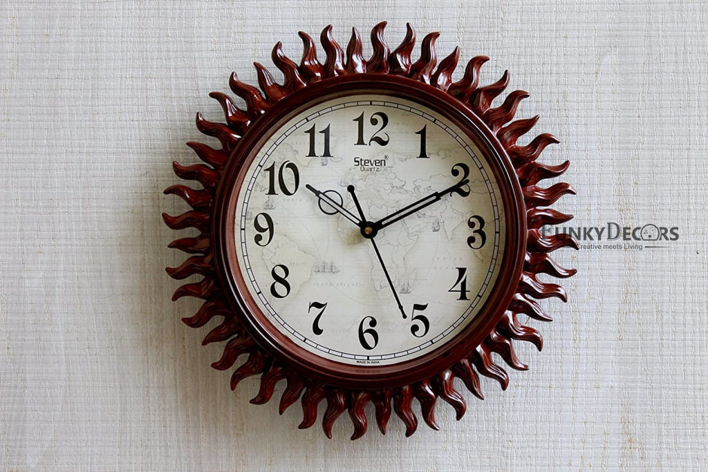 Funkytradition Royal Designer Light Brown Sun Shaped Wall Clock Watch Decor For Home Office And