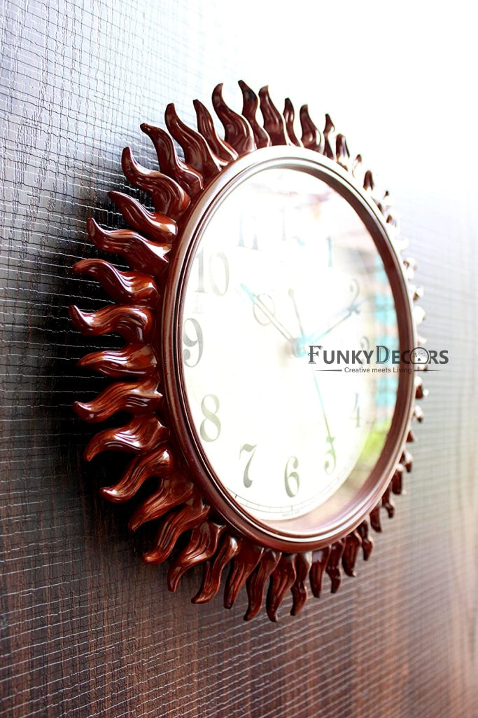 Funkytradition Royal Designer Light Brown Sun Shaped Wall Clock Watch Decor For Home Office And