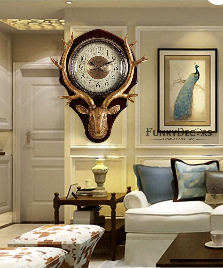 Funkytradition Royal Gold Reindeer Wall Clock For Home Office Decor And Gifts 72 Cm Tall Clocks