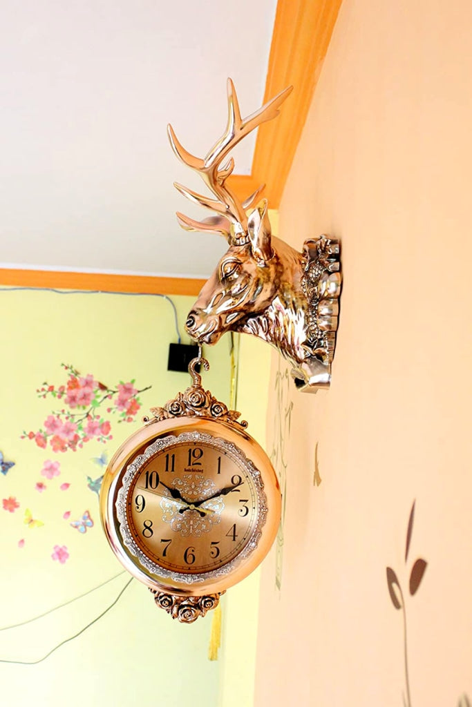 Funkytradition Royal Metallic Color Dual Hanging Reindeer Wall Clock| Watch | Clock For Home Office
