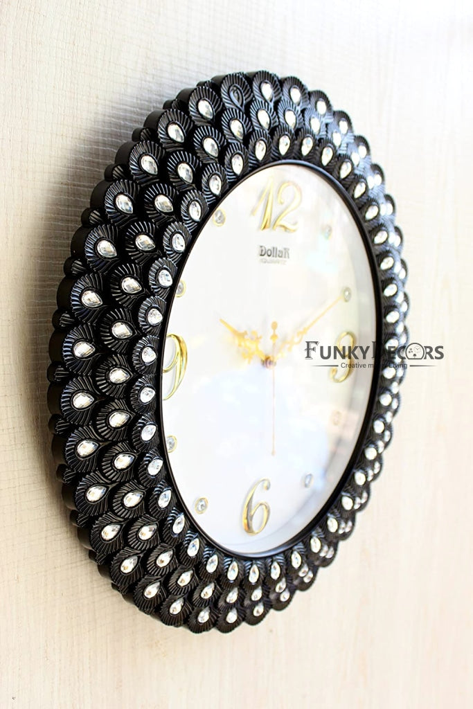 Funkytradition Royal Pearl Diamond Black Wall Clock Watch Decor For Home Office And Gifts 47 Cm Tall
