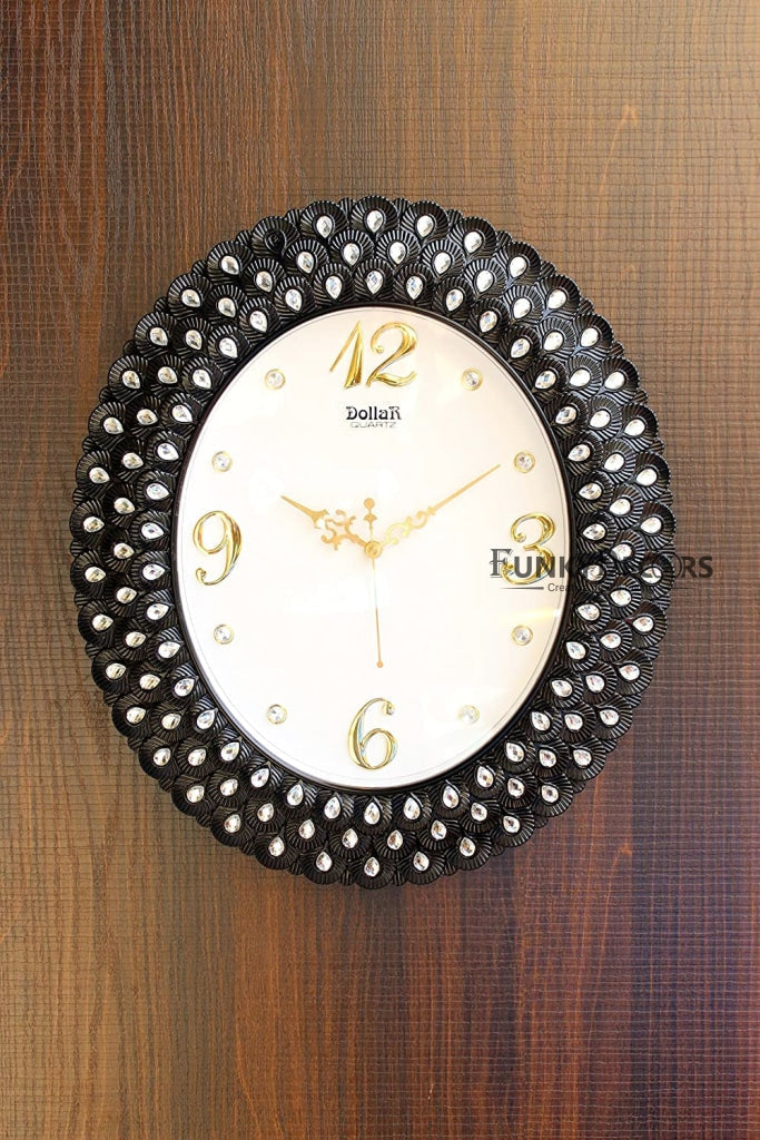 Funkytradition Royal Pearl Diamond Black Wall Clock Watch Decor For Home Office And Gifts 47 Cm Tall