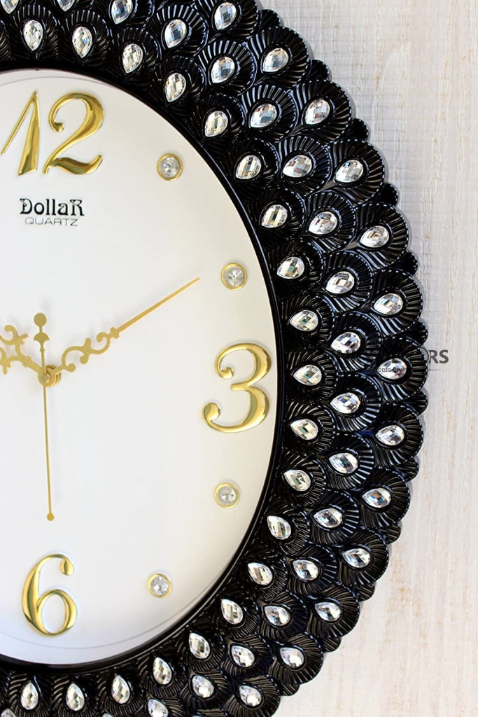 Funkytradition Royal Pearl Diamond Black Wall Clock Watch Decor For Home Office And Gifts 47 Cm Tall