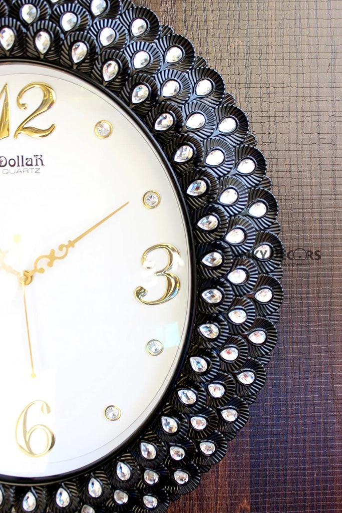 Funkytradition Royal Pearl Diamond Black Wall Clock Watch Decor For Home Office And Gifts 47 Cm Tall