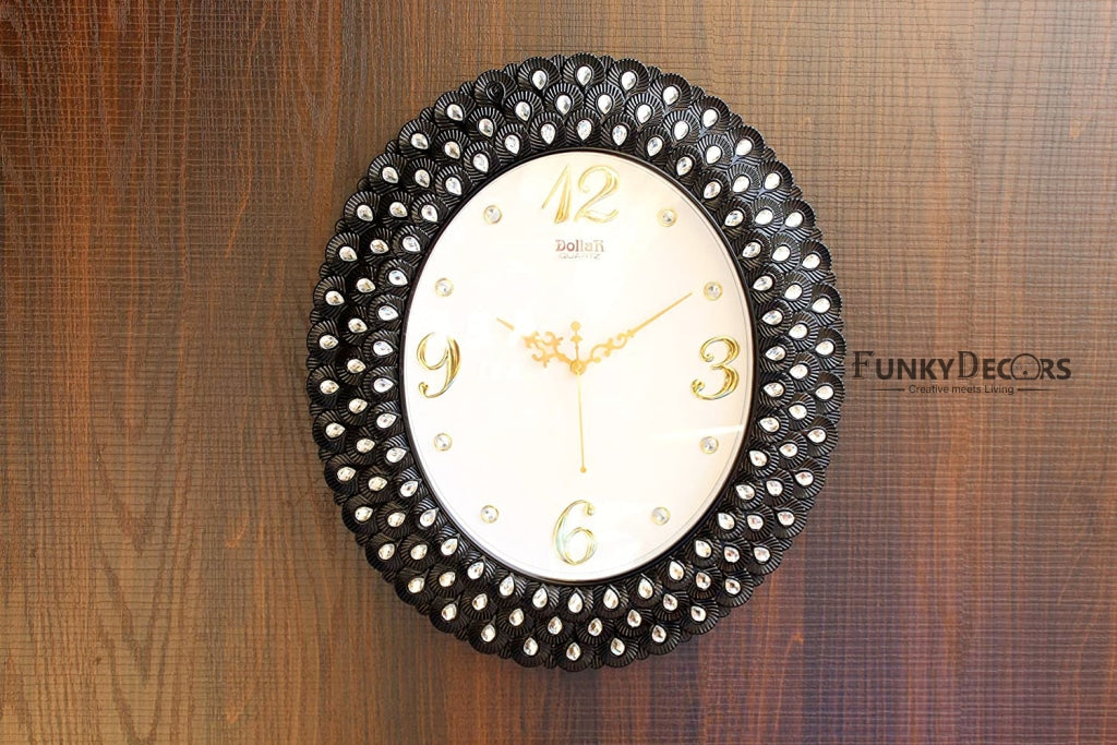Funkytradition Royal Pearl Diamond Black Wall Clock Watch Decor For Home Office And Gifts 47 Cm Tall