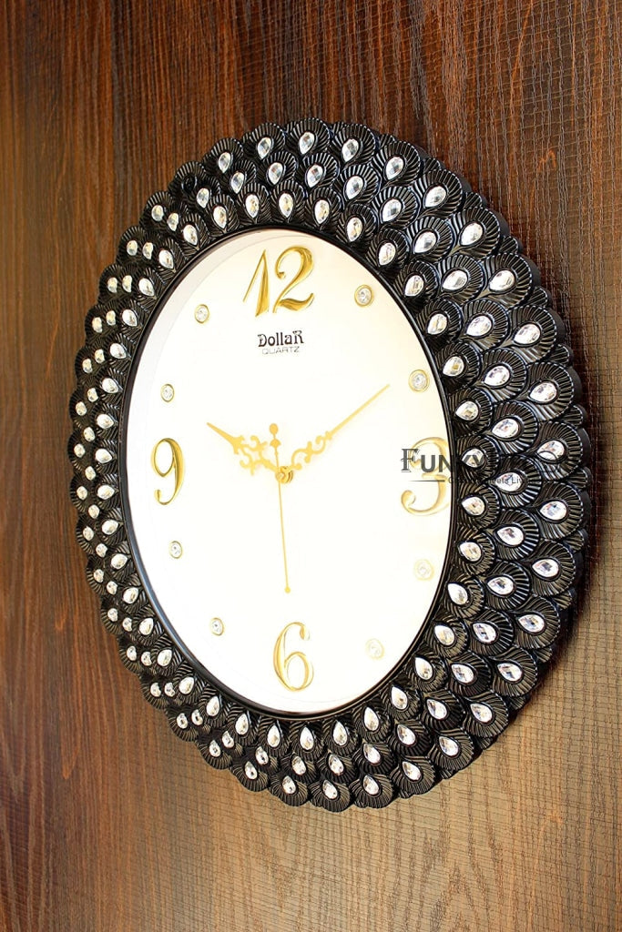 Funkytradition Royal Pearl Diamond Black Wall Clock Watch Decor For Home Office And Gifts 47 Cm Tall